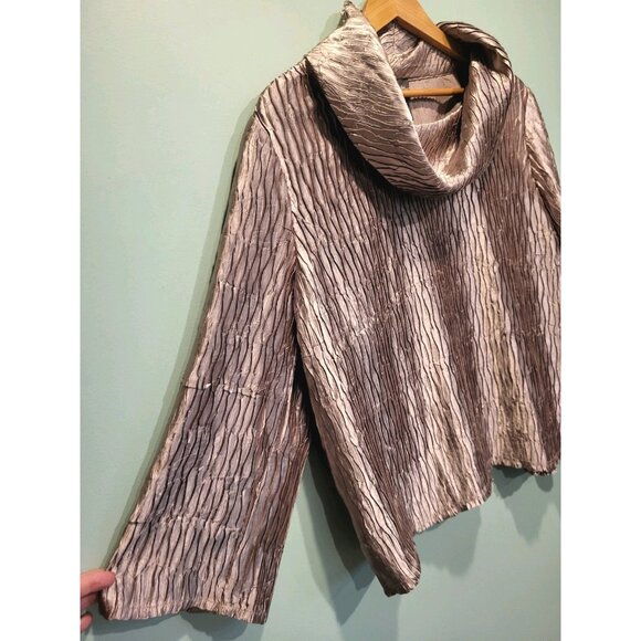New Champagne Metallic Crinkle Boxy Relaxed Fit Cowl Neck Party Top Sz XL - Picture 3 of 9